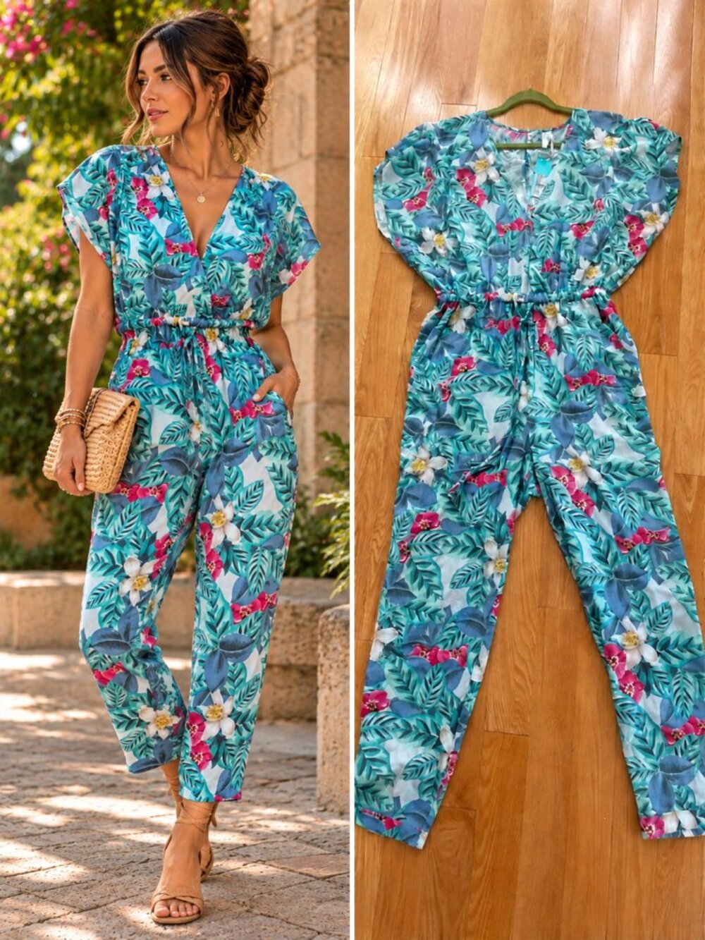 Seafolly Green Aqua Tropical Floral Silk Blend Jumpsuit Dolman Boho Resort S